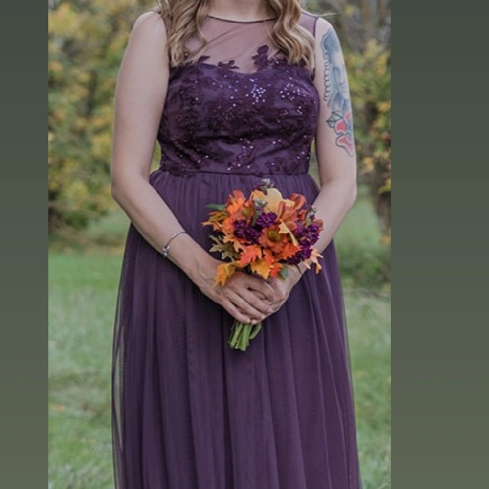 David's Bridal Purple Pleated Maxi Gown